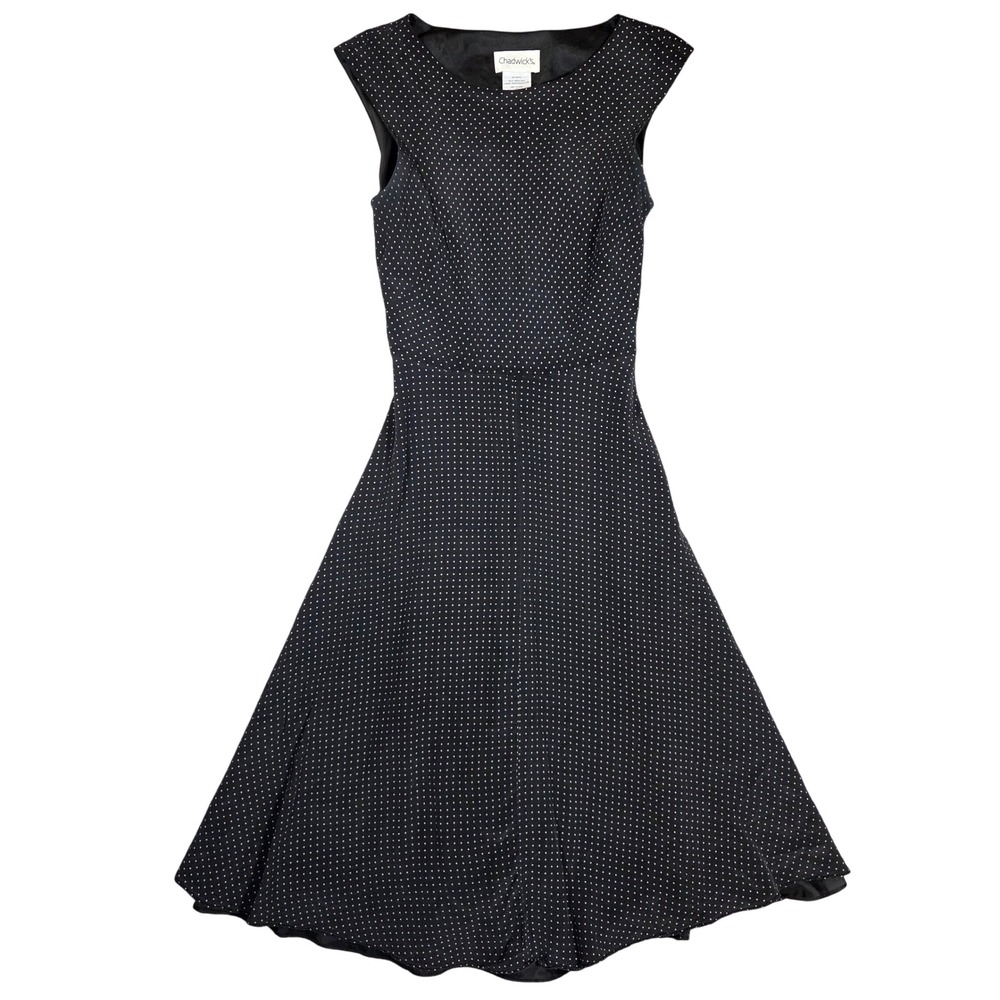 Chadwicks Womens Black White Polka Dot 100% Silk Fit Flare Dress Size 6 Vintage